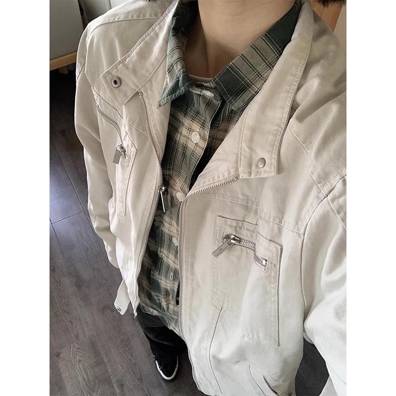 Unisex Washed Canvas Harrington Jacket with Multi-Pocket Stand Collar