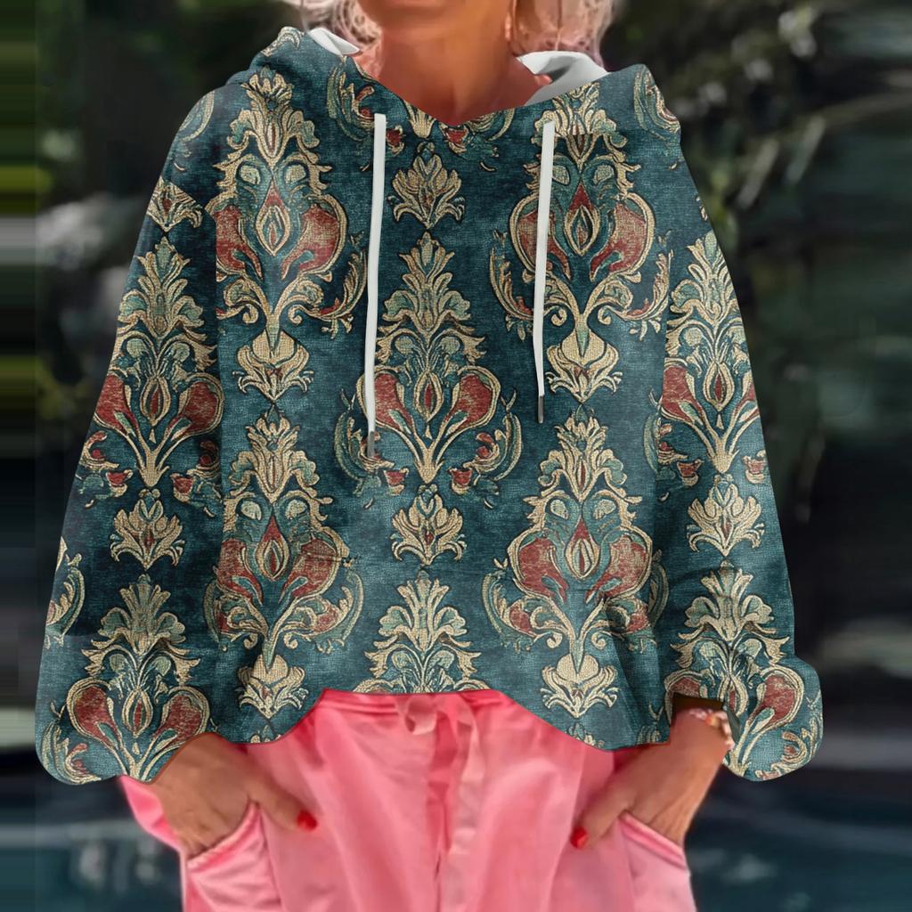 Women's Floral Print Loose Casual Long Sleeved Hooded Sweatshirt