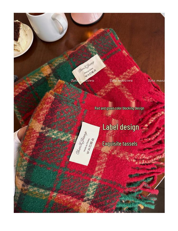 Red Tassel Plaid Scarf: Warm & Versatile Winter Shawl for Women