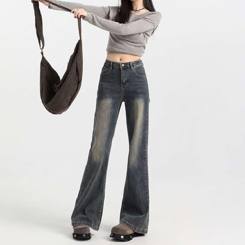 Women's Velvet High-Waisted Flared Jeans - Stretchy, Thick, and Floor-Length for Autumn/Winter