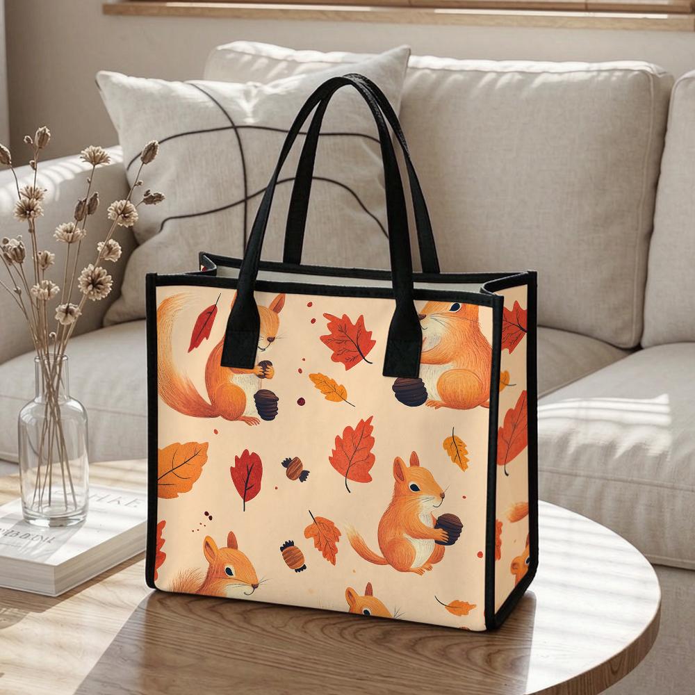 Cute Squirrel Leaf Printed Tote Bag Autumn Style Daily Use Portable Casual Handbag For Women