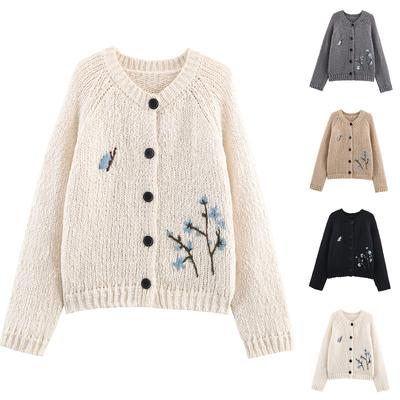 Women's Embroidered Round Neck Vintage Loose Knitted Cardigan Sweater Jacket