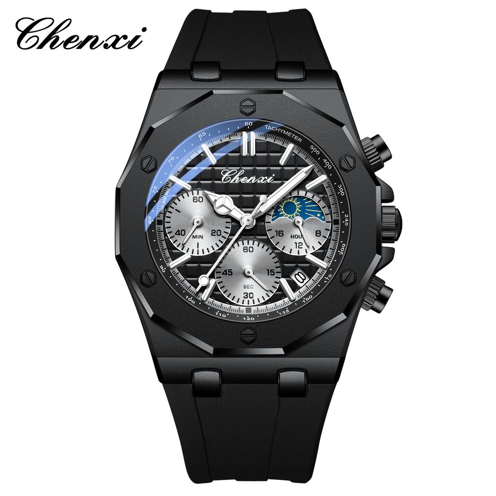 CHENXI Watches For Men Quartz Waterproof Sports Men's Watch Silicone Strap Chronograph Calendar Luminous Wristwatches