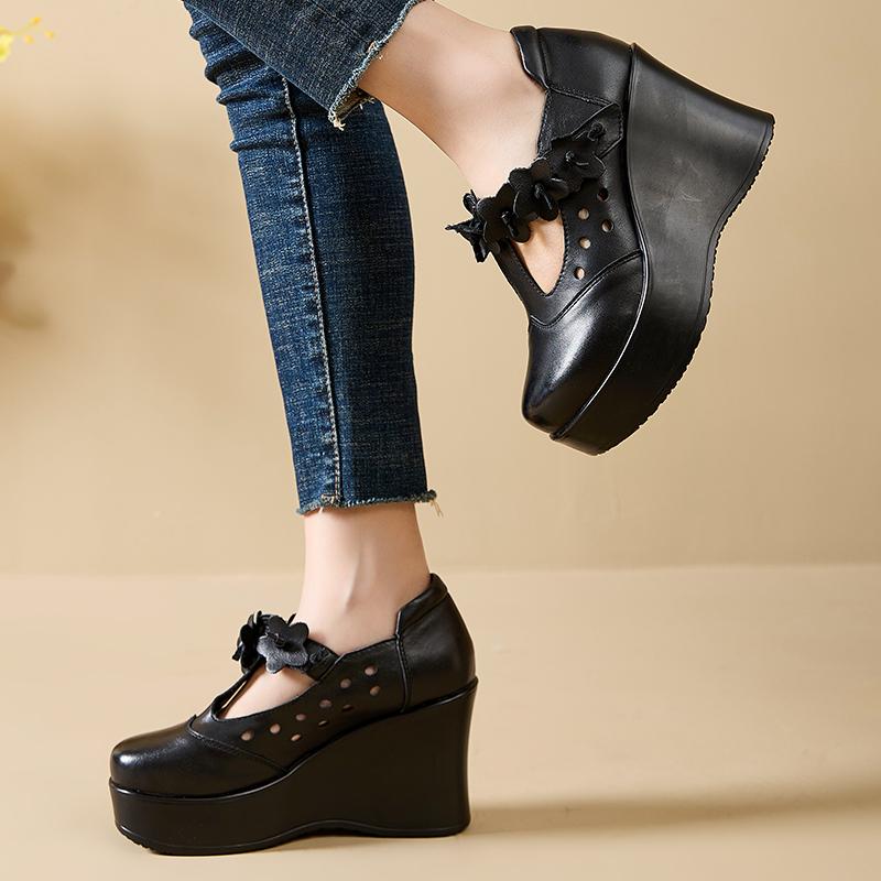 Fashion GKTINOO 2025 Spring Ethnic Style Women Genuine Leather Shoes Flower Wedges Heels Shoes Thick Sole Casual Ladies Platform Shoes