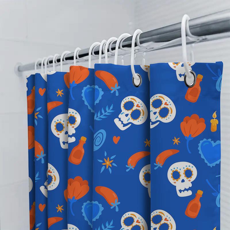 Blue Waterproof Fabric Shower Curtain With Skull Flower Print For Home Decoration Bathroom Accessories