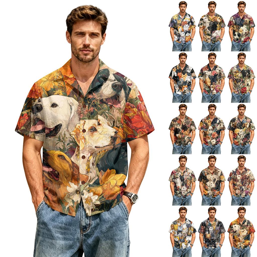 Men’s Short Sleeve Cotton Linen Shirt with Animal and Botanical Print Casual Collared Button Down Top for Spring and Summer
