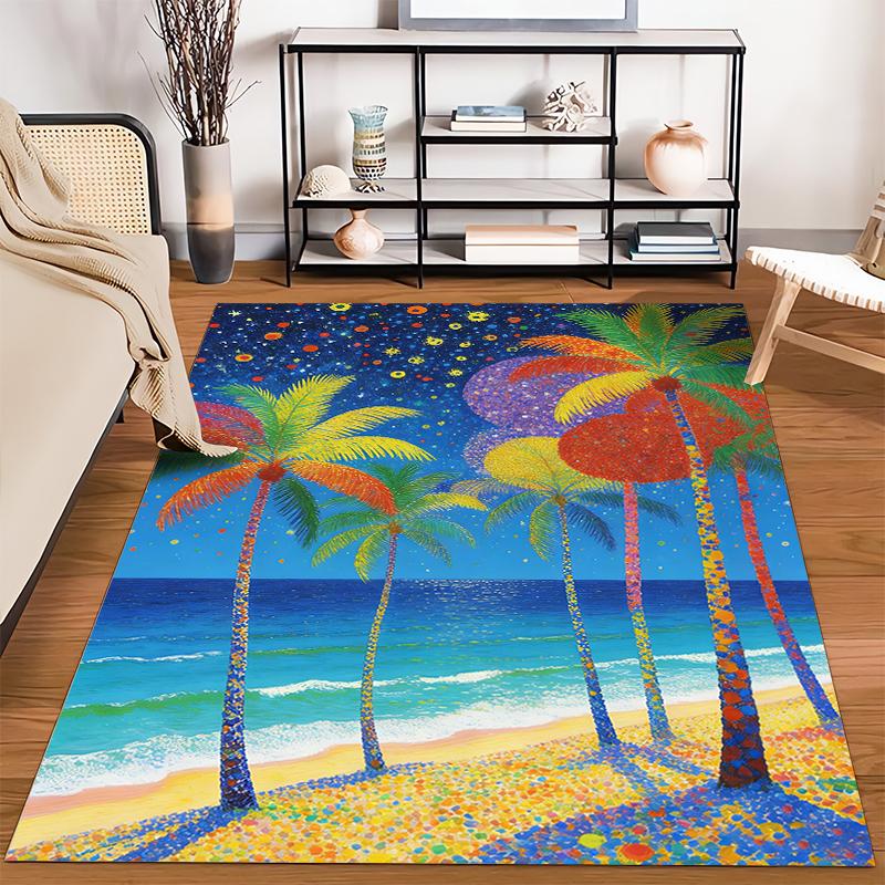 Colorful Beach Scene Carpet with Palm Trees and Starry Sky Design Suitable for use as an anti-slip for living room bedroom sofas