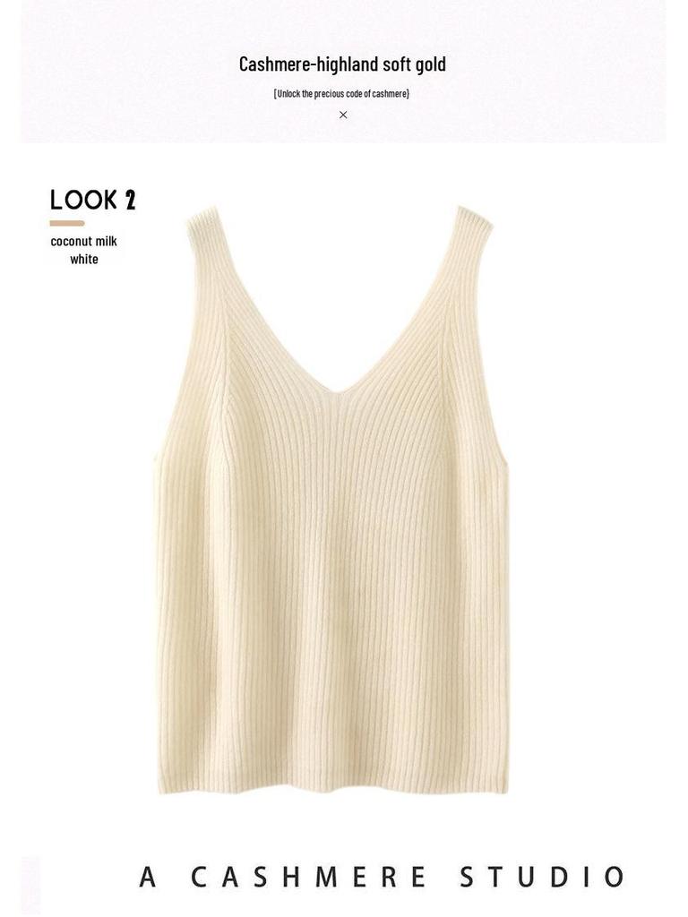 Women’s V-Neck Cashmere Camisole Sweater - Fitted, Sleeveless with Elegant Back Design for Autumn & Winter
