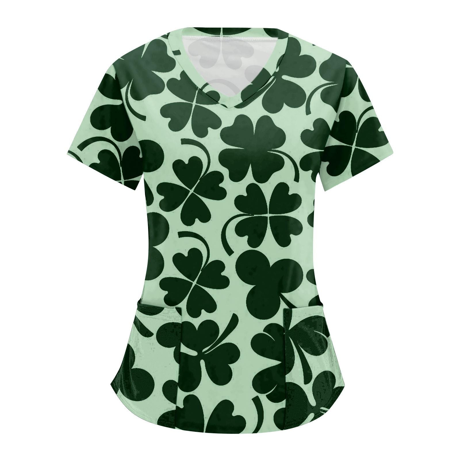 Women s Printed Short Sleeve V-neck Tops Working Pocket Blouse S