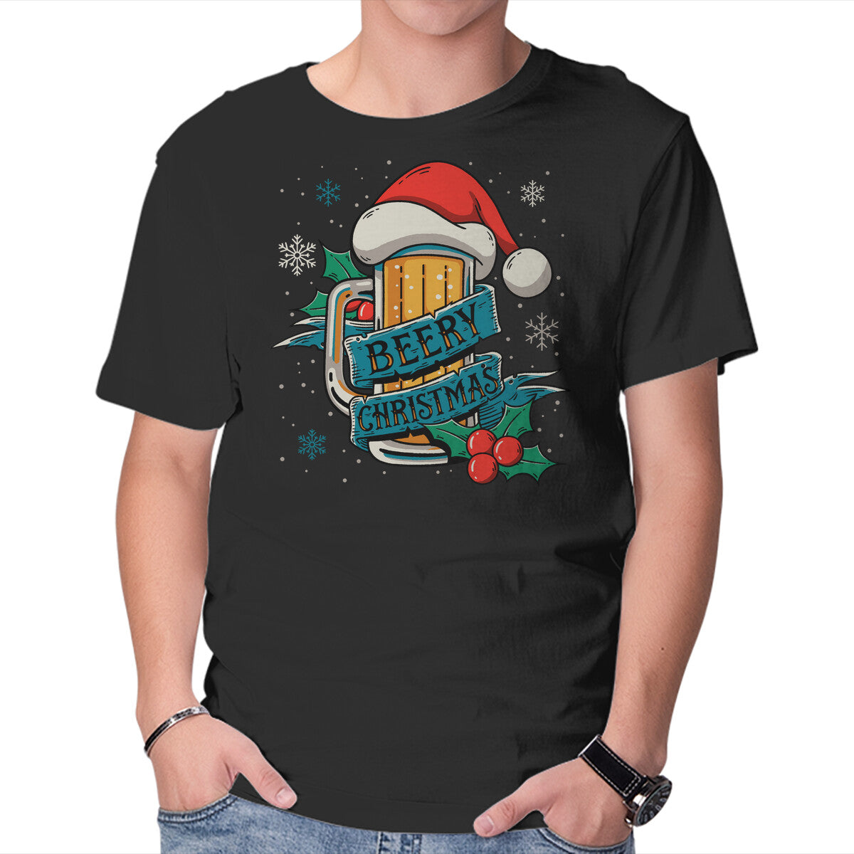 Unisex Crew Neck T-Shirt Beery Christmas Graphic Short Sleeve Casual Tee L