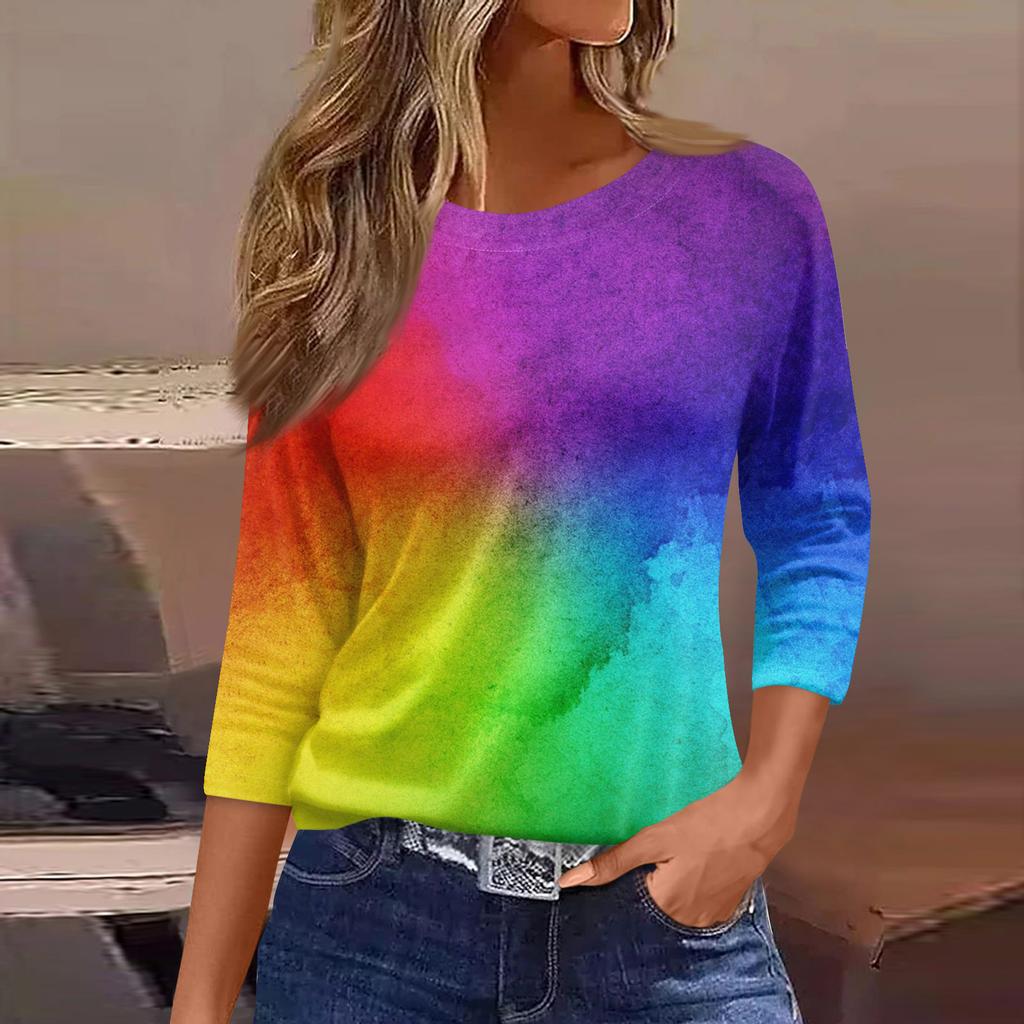 Women's Fashion Casual Round Neck 3/4 Sleeve Loose  Printed T,Shirt Ladies Top