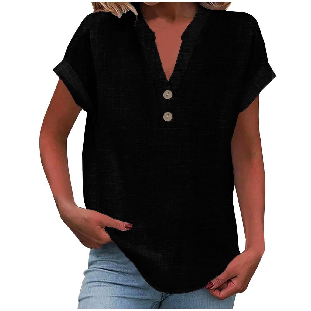 Women's Fashion Casual Colour V-Neck Short Sleeve Button Down Shirt T-Shirt Top