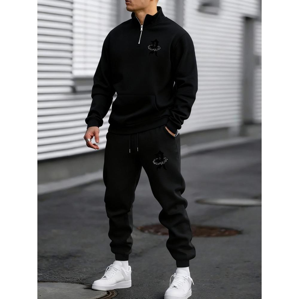 

Thorn Crown Black Letter Printed Men s Zipper Sports Shirt and Pants Two Piece Set, Casual Sports Autumn and Winter New Men s Clothing XL