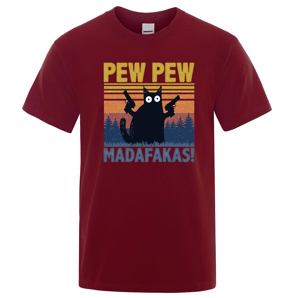 Pew Pew Madafakas Tshirt Men Short Sleeve Novelty Funny Cat T Shirt Vintage Summer Tops Shirts Tee T-Shirt Crew Neck Streetwear