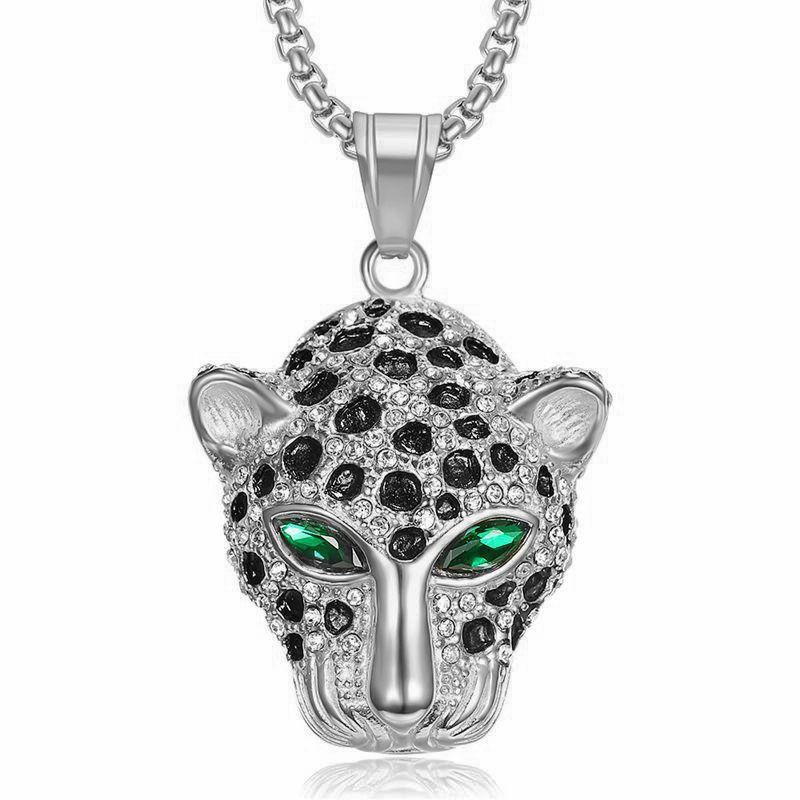 Bijoux Hip-hop Européens et Américains Collier Pendentif Tête de Léopard Yeux Rouges et Verts