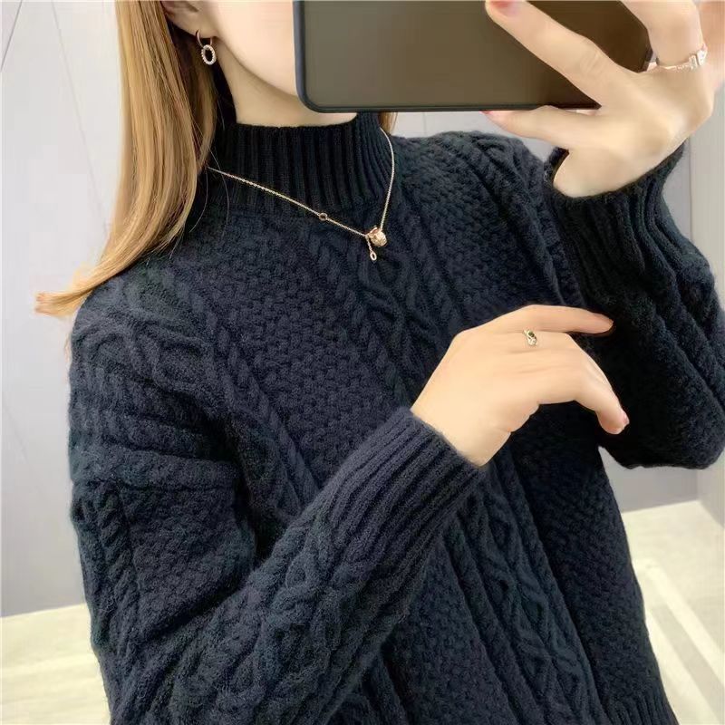 Pulover cu guler semi-înalt, pulover Răsucit cu aluat prăjit pentru tricotaje de damă toamnă și iarnă, palton exterior larg, palton de bază îngroșat