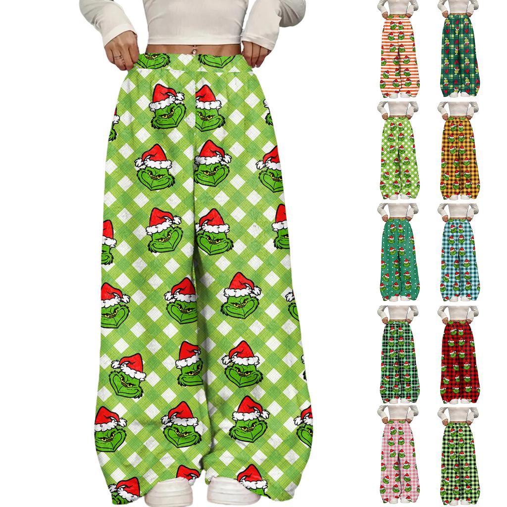 Damen Casual Weihnachten Print Elastischer Bund Lockerer Schnitt Mit Plüsch Weites Bein Hose
