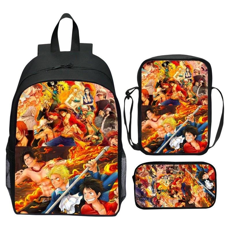 Set Zaino 3 Pezzi Stampato One Piece Cartone Animato Pirata Blu Marinaio Zaino Scuola Elementare Grande Capacità Resistente all'Acqua Zaino per Bambini