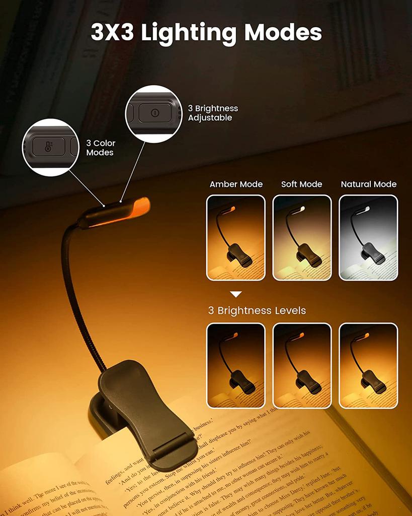 Lightweight Rechargeable 9 LED Amber Book Light  3 Color for Reading in Bed Eye-Care Clip-on Reading Light up to 80 Hours