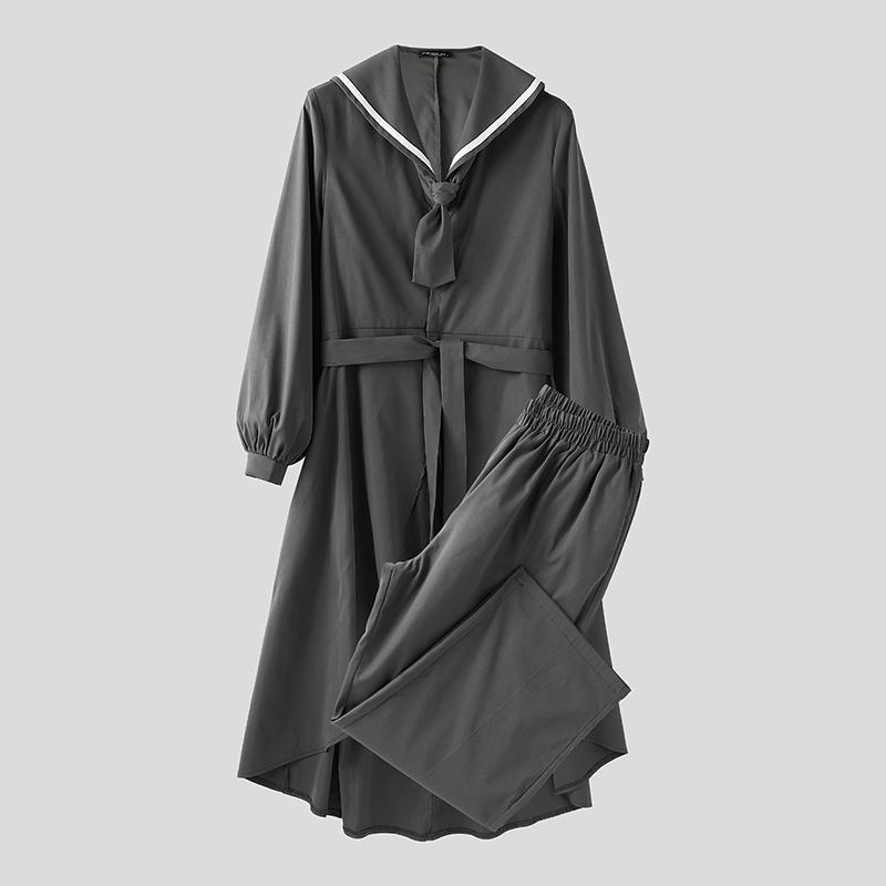 

INCERUN Oversized Autumn Men Sailor Collar Long Sleeve Windbreaker Long Pants Casual Two Pieces Sets Outfits S сірий колір