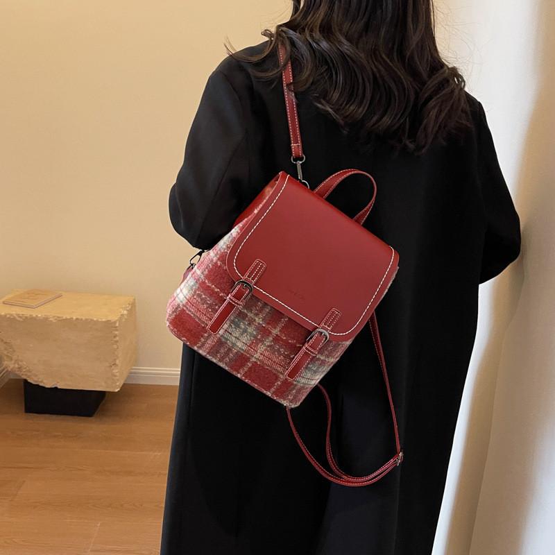 Trendy Mini Wool Tote Bag With Plaid Patchwork Design For Street Style Fashion Red