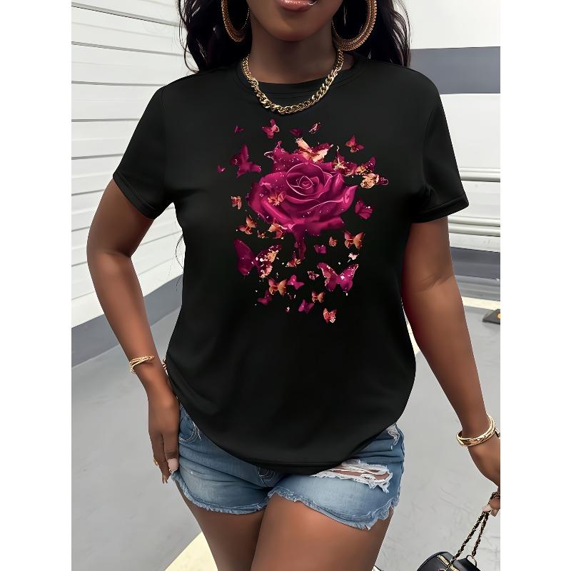 

European sizes Butterflies Surround Roses Print T-shirt, Short Sleeve Crew Neck Casual Top, Women s Clothing 4XL чорний