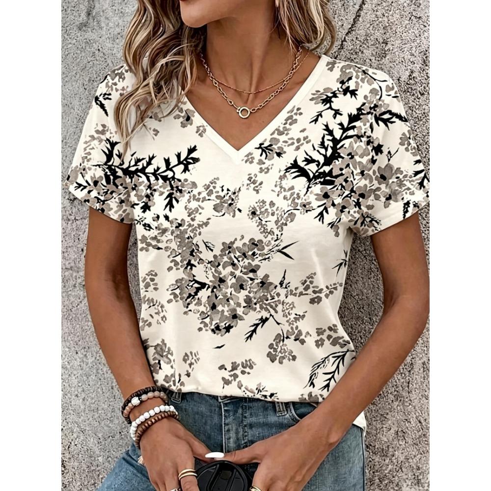 Women's Geometric Striped Print Bohemian Vintage T-shirt, V Neck Short Sleeve, Casual Daily