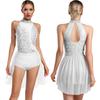 Body da ballo latino Chacha da donna S-XXL: Body Leotard Monopezzo Senza Maniche con Strass Scintillanti, Schiena Svuotata, Gonna Irregolare, per Ginnastica