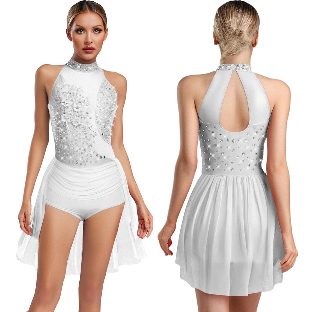 Body da ballo latino Chacha da donna S-XXL: Body Leotard Monopezzo Senza Maniche con Strass Scintillanti, Schiena Svuotata, Gonna Irregolare, per Ginnastica