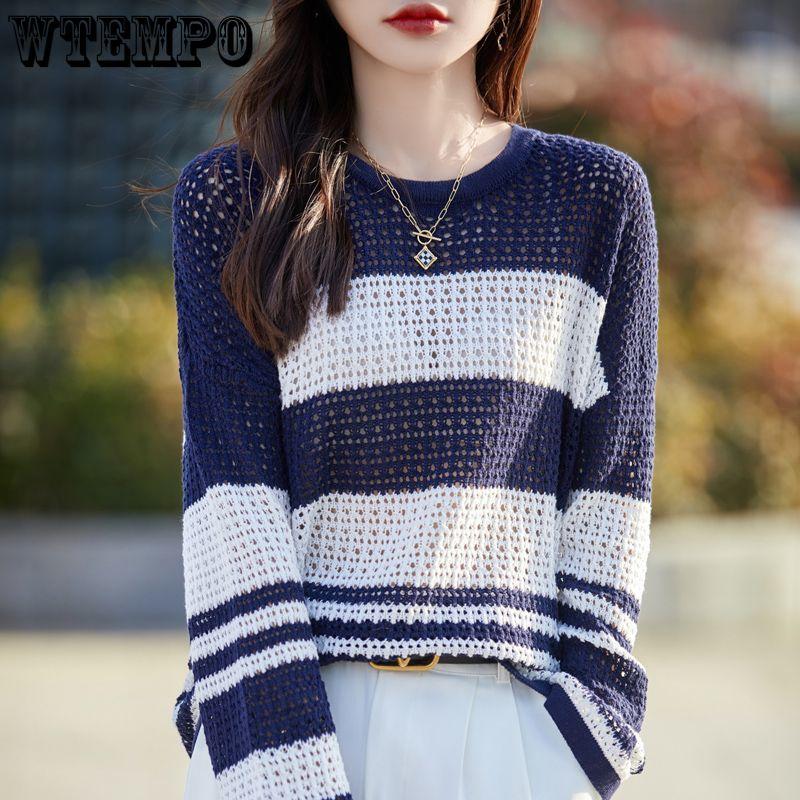 Spring and Summer Women's Long Sleeve Hollow Knitted Sweater Round Neck Loose Air-conditioned Shirt Thin Pullover Cover Shirt