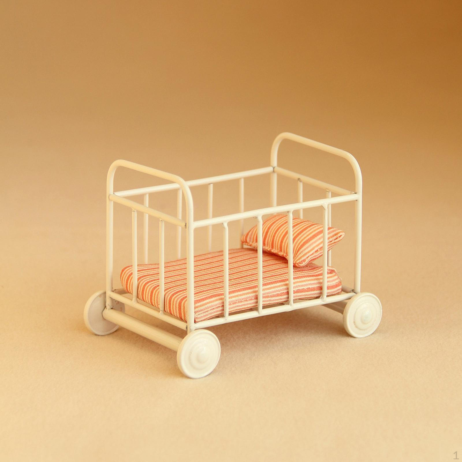 

1/12 Dollhouse Baby Bed Miniature Furniture Room Realistic Photo Props with Mattress for DIY Model Stripe