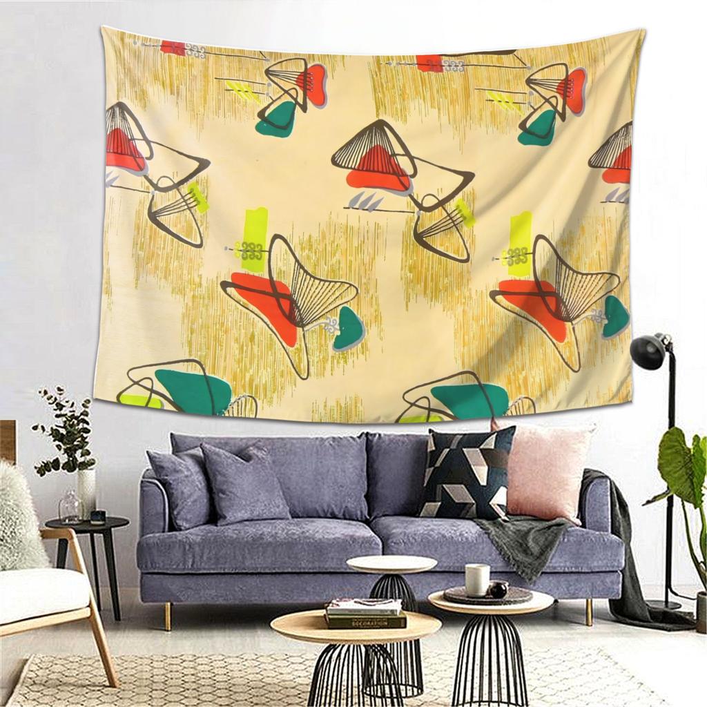VIKAMA Retro MCM Abstract Geometric Tapestry, Medieval Modern Yellow Green Line Wall Hanging for Bedroom Living Room