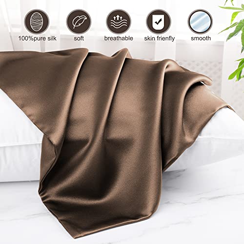 PiccoCasa Silk Pillowcase, 100% Silk, 19 Momme, Zippered, Moisture-Wicking, Glossy, Smooth, Double-Sided, Brown, 40x80cm