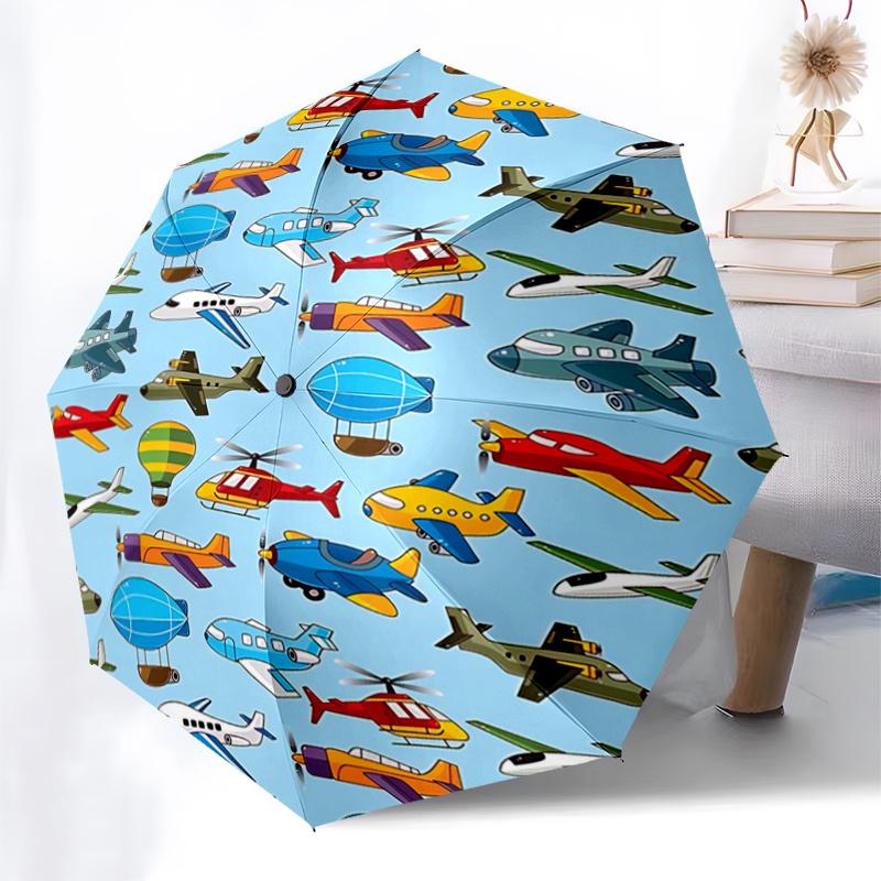 Flugzeug Heißluftballon Hubschrauber Automatischer Öffnungsregenschirm - Tragbares Dreifachfalt-Design mit 8-Speichen-Eisenrahmen - Geschenk für Fans, Reisende