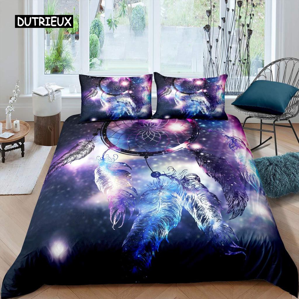 Purple Dream Catcher Duvet Cover Set Bohemian Feather Dream Catcher Bedding Set Microfiber Exotic Ethnic Style King Quilt Cover