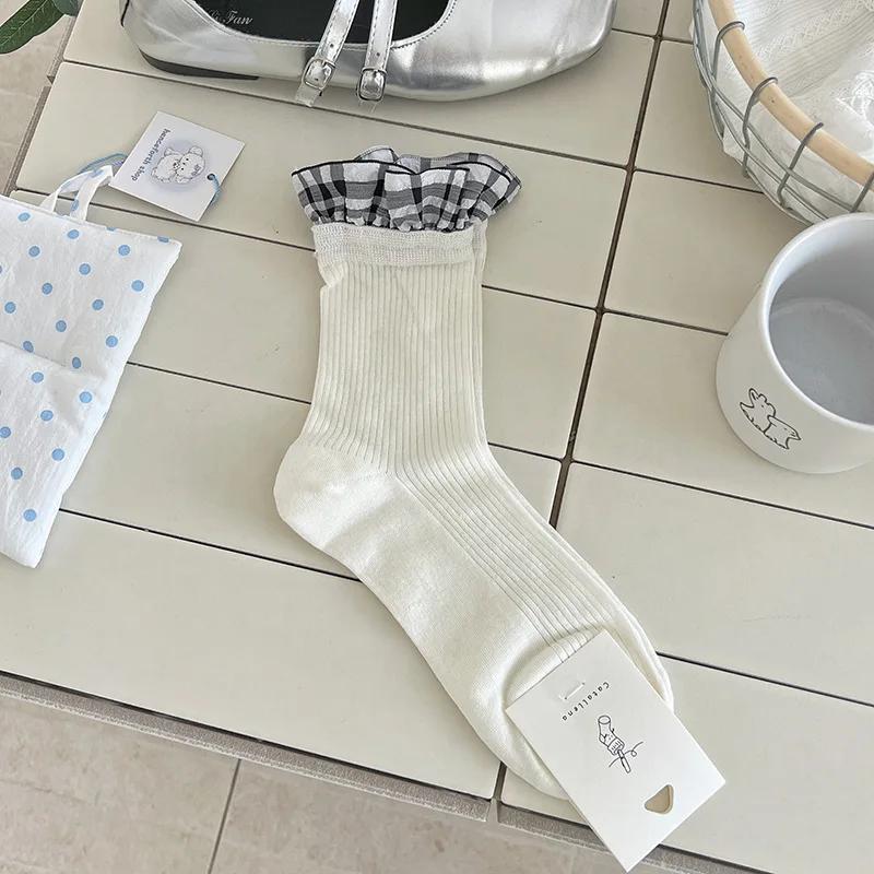 

Korean Plaid Lace Boneless Socks Women Mid Tube Socks Spring Summer Thin Style Cuffed Cotton Socks Summer Fashion Slouch Socks One Size