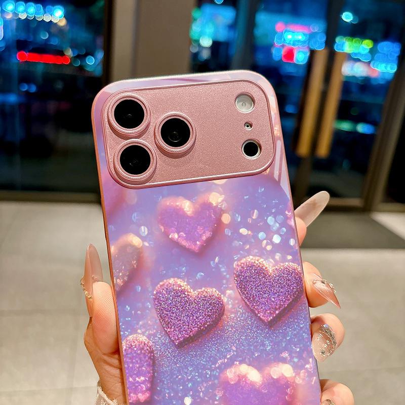 Glitter Purple Heart Pink Metallic Glass Phone Case For iPhone 11 12 13 14 15 16 17 Pro Max Plus 17Air 16E 7 8 XsMax Back Cover