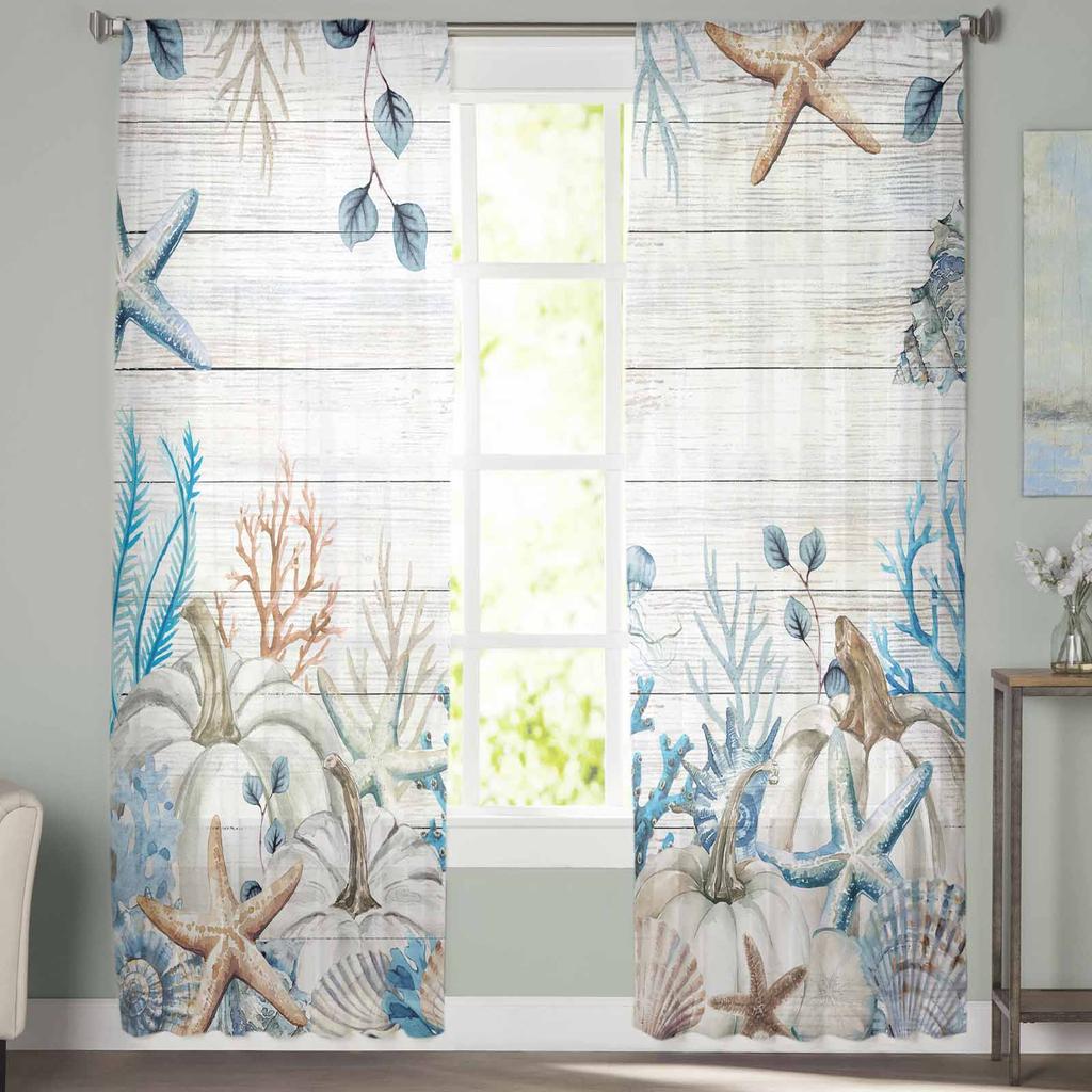 Thanksgiving Pumpkin Starfish Shell Coral Wood Sheer Curtains for Kids Bedroom Living Room Voile Window Curtains Tulle Drapes