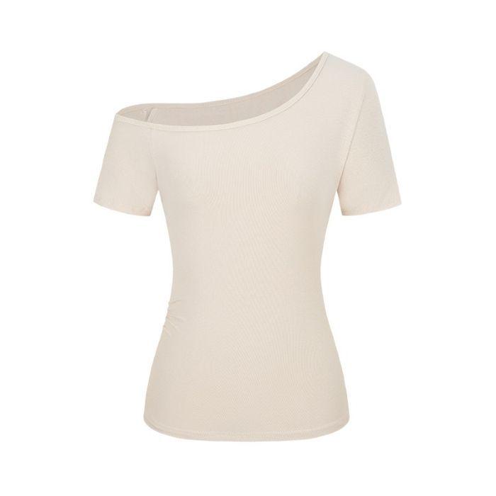 Spring 2025 Off-Shoulder Slim Fit Women's T-Shirt - Solid Color, Short-Sleeve Pullover