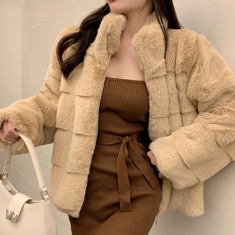 France Elegant Fur Warm Short Coat Women Winter Fleece Vintage Stand Collar Wool Jacket Korean Fashion Designer Clothes 2024 New