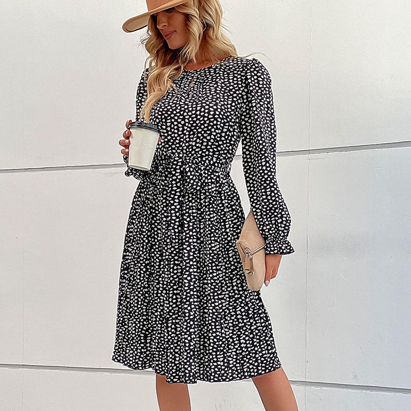 2024 Autumn Women's Long Sleeve Tie-up Leopard Print Dress