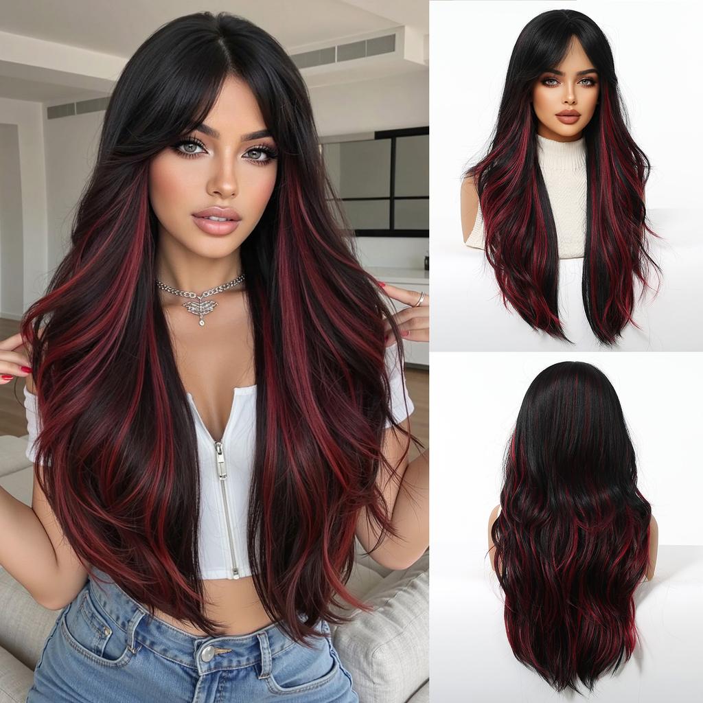 Long Golden Blonde Wave Synthetic Wigs with Bangs for Women Golden Brown Natural Cosplay Costume Daily Hair Wigs Heat Resistant
