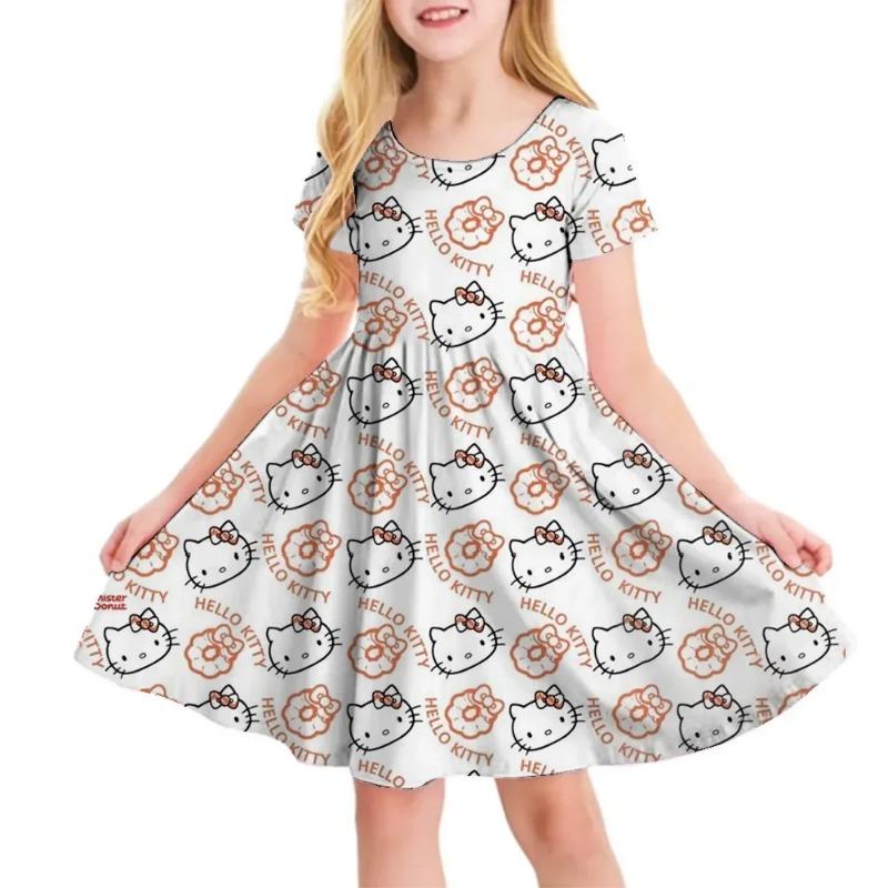 3D Printed Sanrio Hello Kitty Fashion Cartoon Pattern Cute Short Sleeved Dress Cosplay Youth