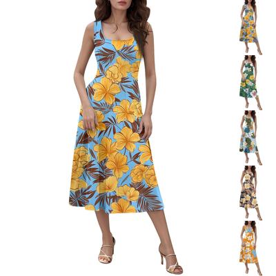 Women's Casual Fashion Round Neck Sleeveless Printed Side Pocket Midi Dress