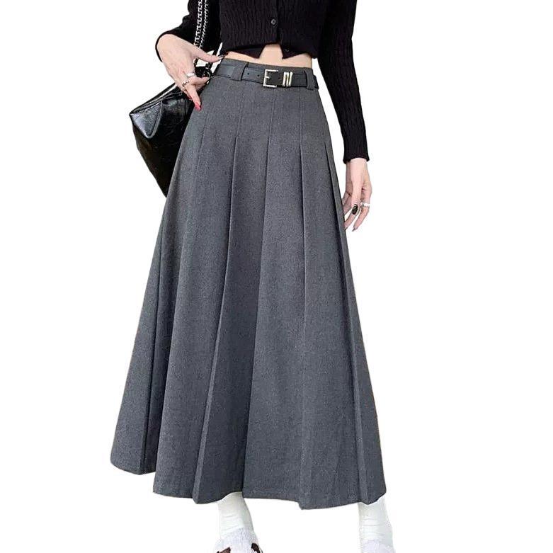 Women's Gray A-Line Pleated Midi Skirt: Slim Fit, Commuter Style, Perfect for Early Spring, Autumn, and Winter.
