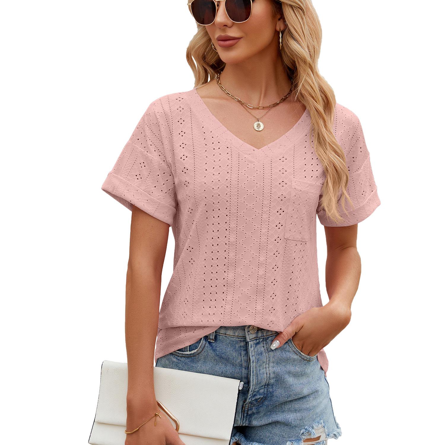 

Spring and Summer Solid Color Pocket V-neck Top Loose Short Sleeved Women’s Blouses & Shirts XXL фіолетовий