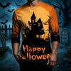 Men's Casual Halloween Print Crew Neck Three Quarter Sleeve T Shirt with Witch Bat and House Graphic for Holiday Theme