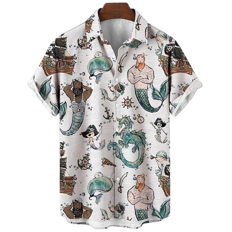 Mermaid retro printed shirts Men's European and American pattern Summer casual short sleeved shirt Hawaiian button