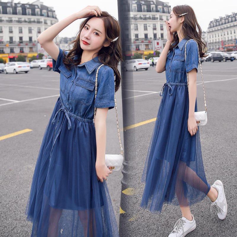 2022 Women's Summer Denim Dress: Waist-Cinching, Slimming French Fairy Style with Mesh Skirt.