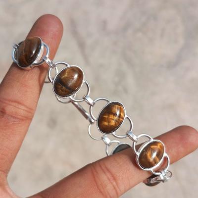 Tigerauge Edelstein 925 Sterling Silber vergoldet verstellbares Damen Armband Schmuck NST-BR6
